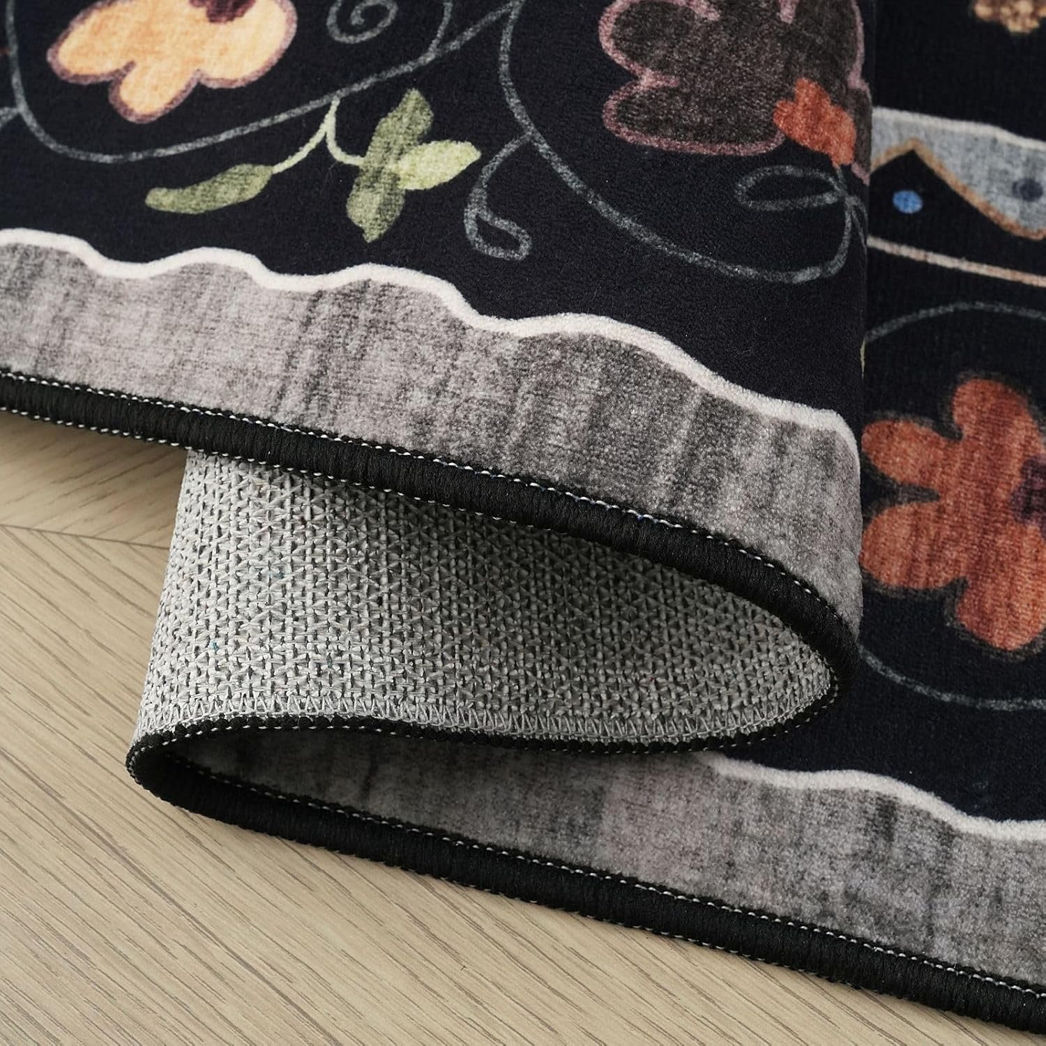 Runner Rug for Kitchen Non Slip 2'x6' Washable Rugs with Rubber Backing Soft Floral Animal Cat Carpet Runner for Kitchen Laundry Bedroom Bathroom, Black image 5