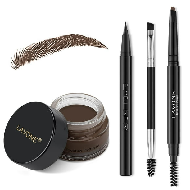 Lavone Kit de lápiz para cejas, maquillaje de cejas con lápiz de cejas resistente al agua, delineador de ojos, pomada para cejas y cepillo de cejas de doble punta - Morena oscura