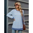 thumbnail image 3 of Womens Casual Striped Long Sleeve Shirt Trendy Crew Neck Slim Loose Fit Basic Blouses Tops Light Blue & White M, 3 of 8