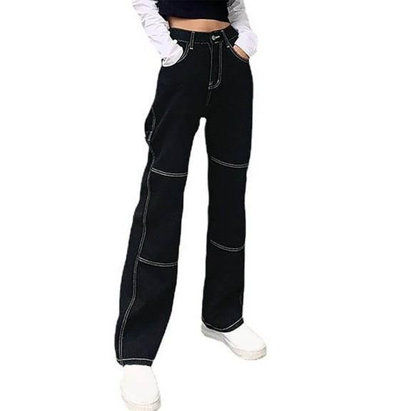 Cmfcve Women's Black Denim Jeans Patchwork Stretch Bell-Bottom Long Pants Boyfriend Straight Cargo Pant