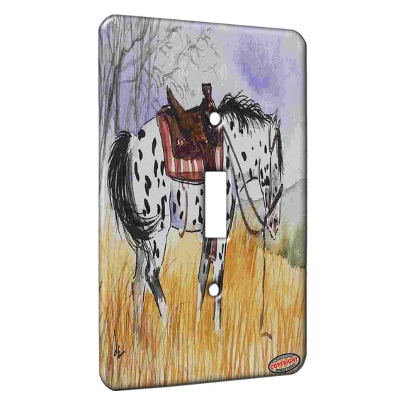 KuzmarK™ Single Gang Toggle Switch Wall Plate - Black Leopard Appaloosa Trail Horse Art by Denise Every