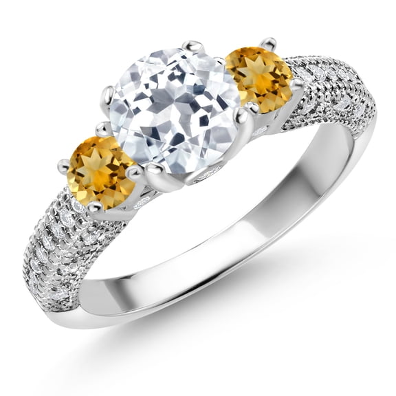 Gem Stone King 2.24 Cttw White Topaz Yellow Citrine and White Moissanite Engagement Ring for Women | 925 Sterling Silver | Gemstone November Birthstone | Round 7MM and 4MM | Size 9