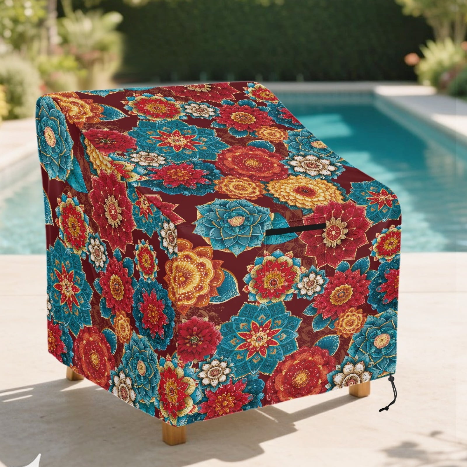 Renewold Waterproof Outdoor Chair Covers UV Protection Dust Proof Swivel Outdoor Chair Cover for Patio Lawn Furniture Fits up to 29W x 33D x 36H Inches, Bohemian Flower Red Blue
