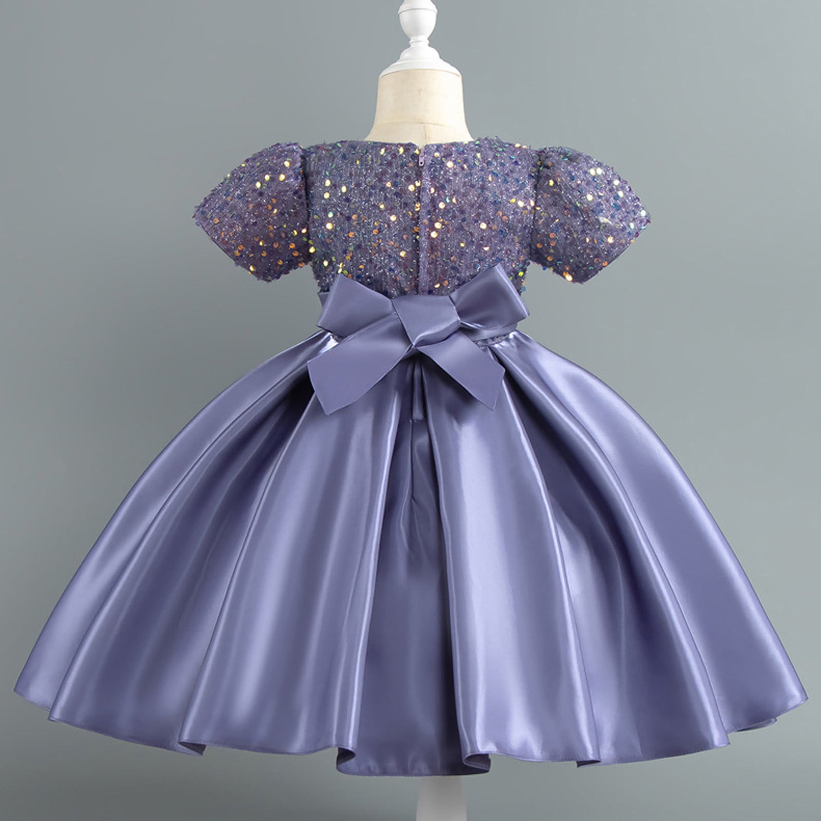Girls Prom Dresses Formal A-Line Size 2-10 Toddlers Kids Elegant Sequins Short Sleeve Bowknot High Waisted Solid Performance Party Dress