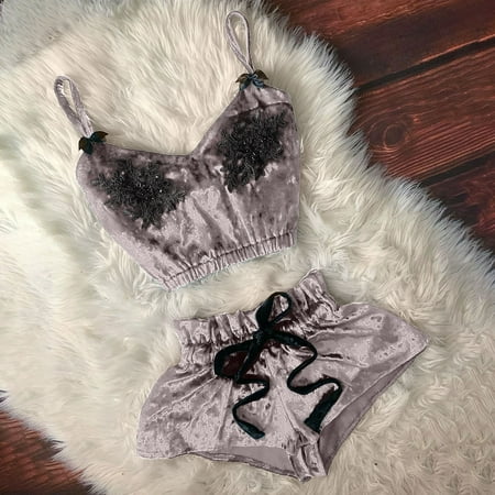 

Womens Shorts Clearance Women V-Neck Eyelash Beaded Sexy Stain Camisole Pajamas Bowknot Shorts Set