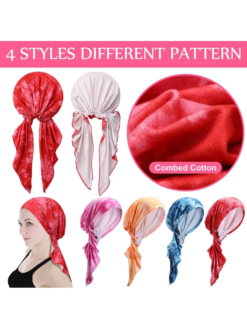 4 Pieces Chemo Headwear for Women Pre Tied Caps Soft Cotton  display picture 2