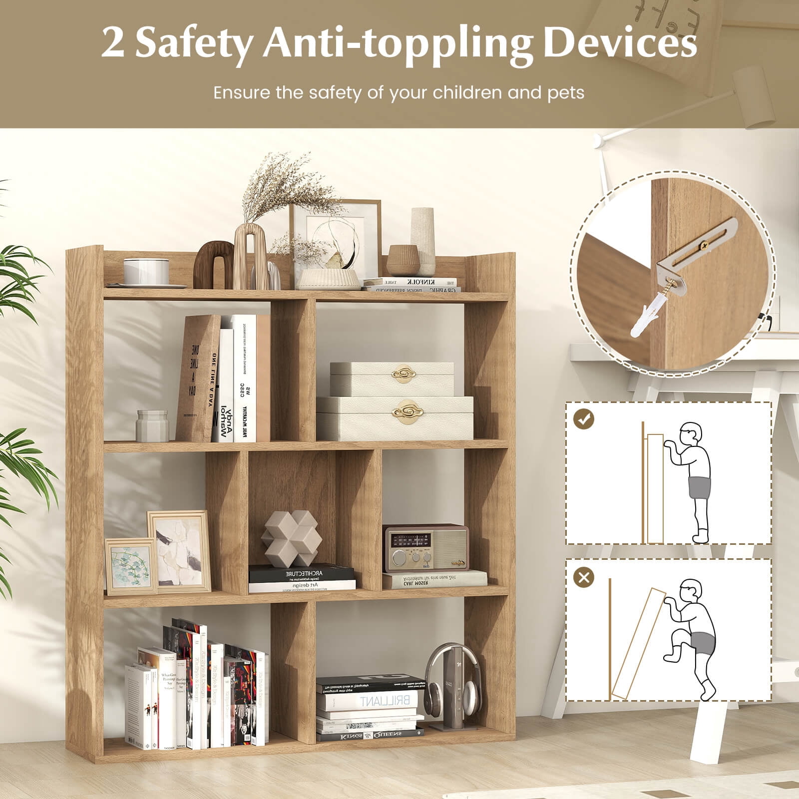 Costway 1 PCS 7-cube Bookcase 3-tier Open Storage Shelf with Anti-tipping Kits for Living Room Natural