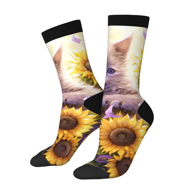 Fotbe Daisy Sunflower Lazy Cat Calcetas Largas con Estampado para Hombre y Mujer – Calcetas de Compresión Transpirables y Elásticas, Viajar y Uso Diario Talla 5-11