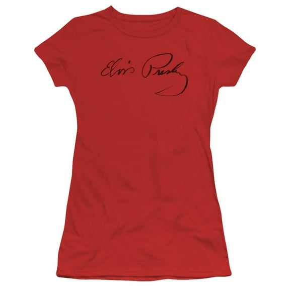 Trevco ELV843-JS-3 Elvis Presley & Signature Sketch Short Sleeve Junior Sheer T-Shirt, Red - Large