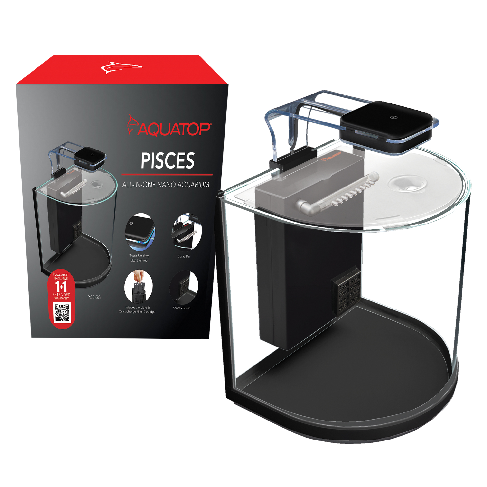 Aquatop Pisces Glass Aquarium Nano Fish Tank 5 Gallon Half-Circle All In One with Filter and LED Light, PCS-5G