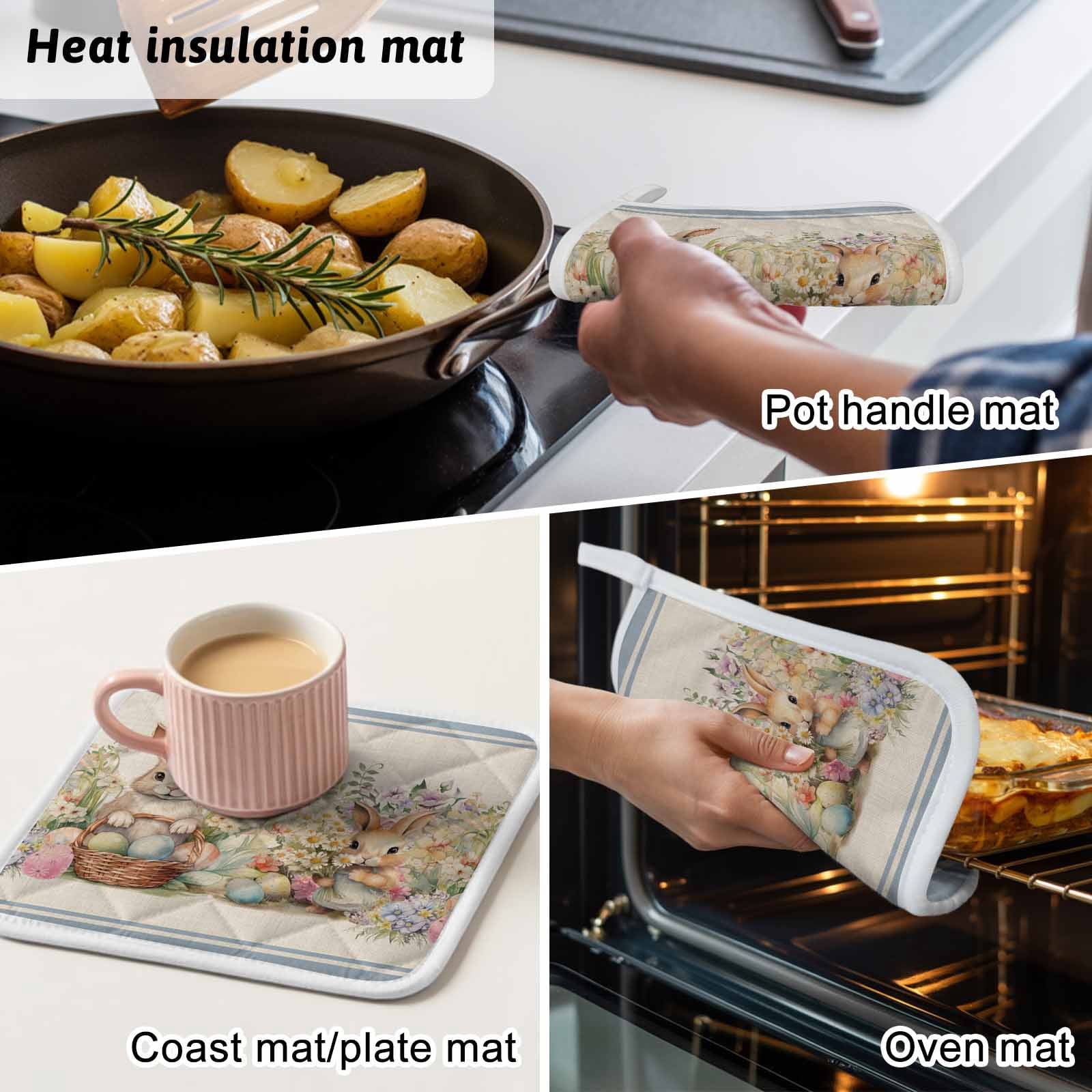 Easter Bunny Blue, Pot Holders for Kitchen Heatproof Potholder, 3 Pack Rustic Daisy Flower Easter Basket Egg Hot Pads Multipurpose Oven Pads Cloth Potholders Trivet for Cooking Baking