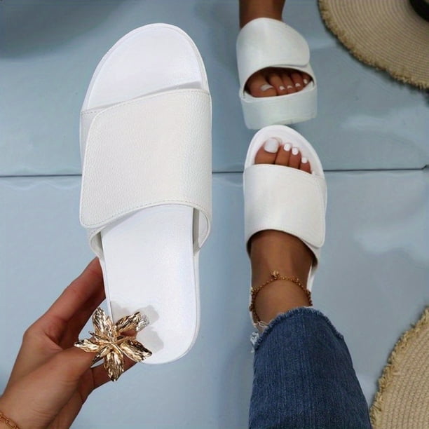 Pantuflas de plataforma para mujer: punta abierta, punta redonda, chanclas casuales de color sólido con cierre de gancho y bucle