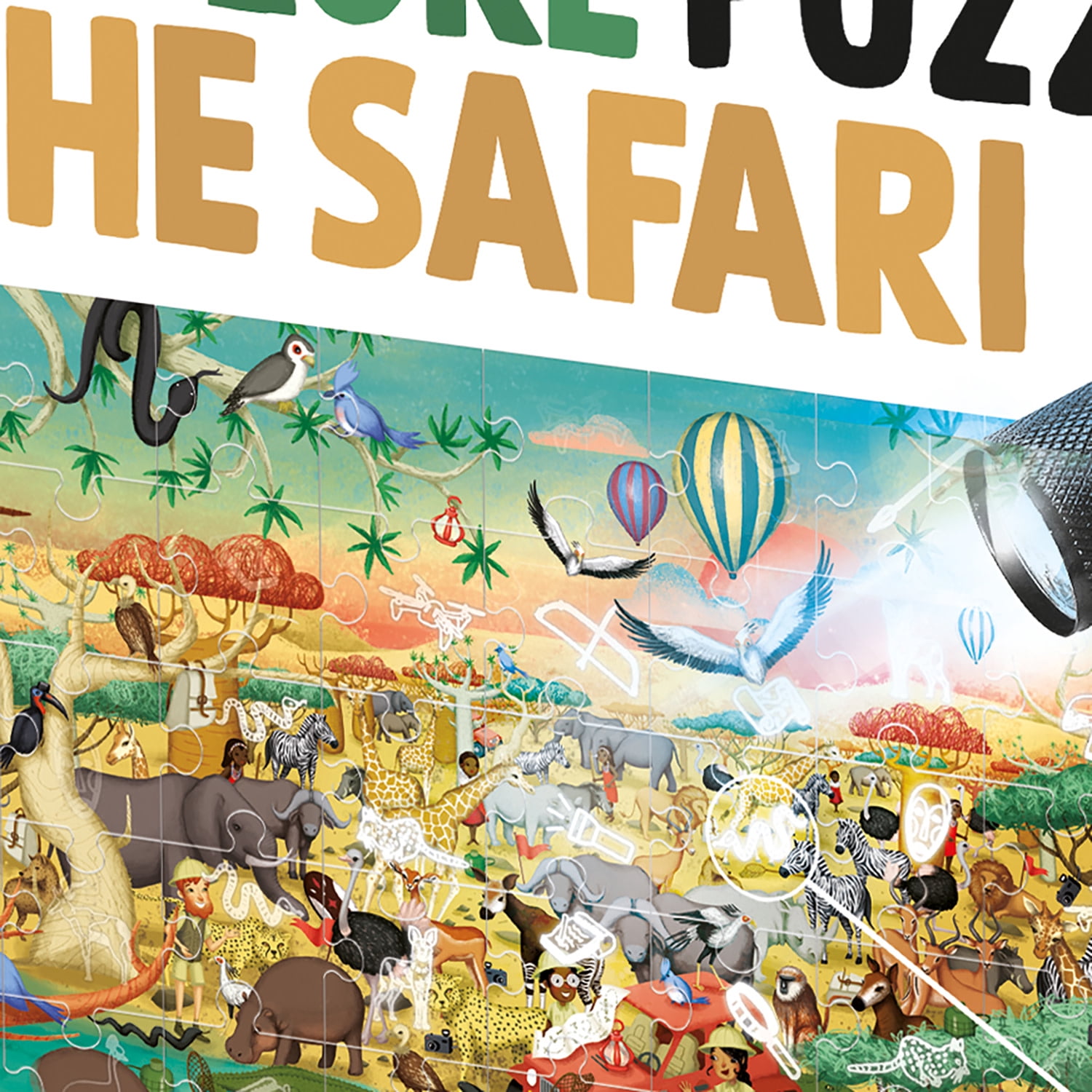 Headu: Explore The Safari Puzzle - 70pc Activity Jigsaw, Magic Reveal Scene, 27x17" Savannah Scene, Search & Find Hidden Objects & Animals, Kids 5+
