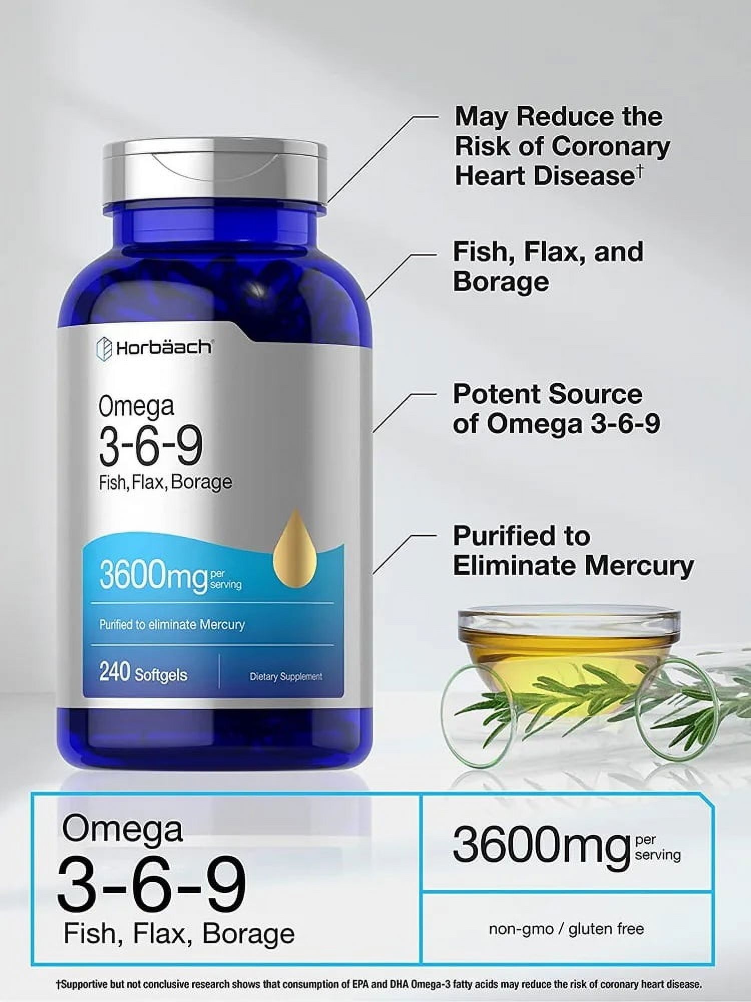 Triple Omega 3-6-9 240 Softgels | From Fish, Flaxseed, Borage Oils | Non-GMO & Gluten Free | By Horbaach