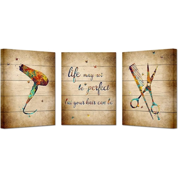 Canvas Set of 3 Ready to Hang Beauty Salon Canvas Wall Art Haircut Tools with Quotes Painting Fashion Pcitures for Hair Stylists Retro Barbershop Hair Salon Ready to Hang Gifts (Small)