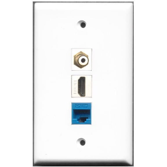 RiteAV - 1 Port HDMI 1 RCA White 1 Cat5e Ethernet Blue Wall Plate