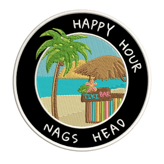 Happy Hour! Nags Head, North Carolina 3.5 Inch Iron Or Sew On Embroidered Fabric Badge Patch Ocean Beach, Salt Life Iconic Series