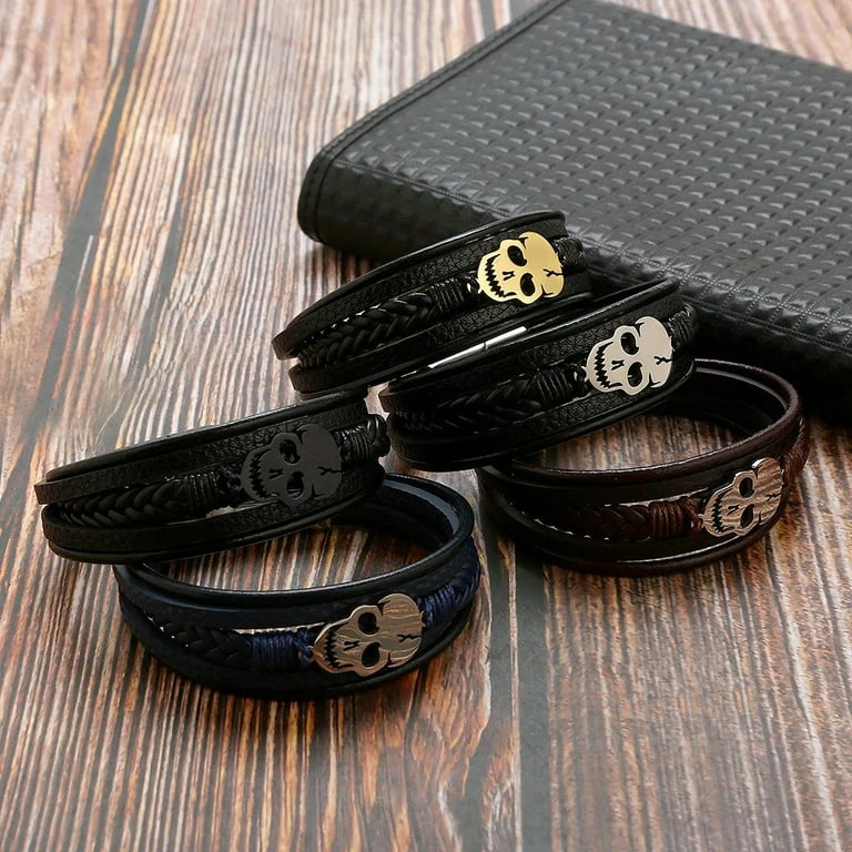 アクセサリーその他 Woven Leather Skull Bracelet Skull Leather Bracelet Men's Personalized Multi-layer Woven