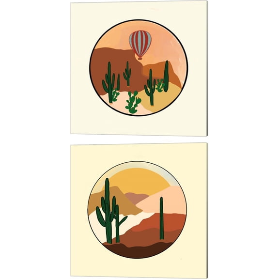 Great Art Now Hot Air Desert & Desert Sunset by Ashley Singleton 2 Piece Canvas Art Set Each 14"W x 14"H
