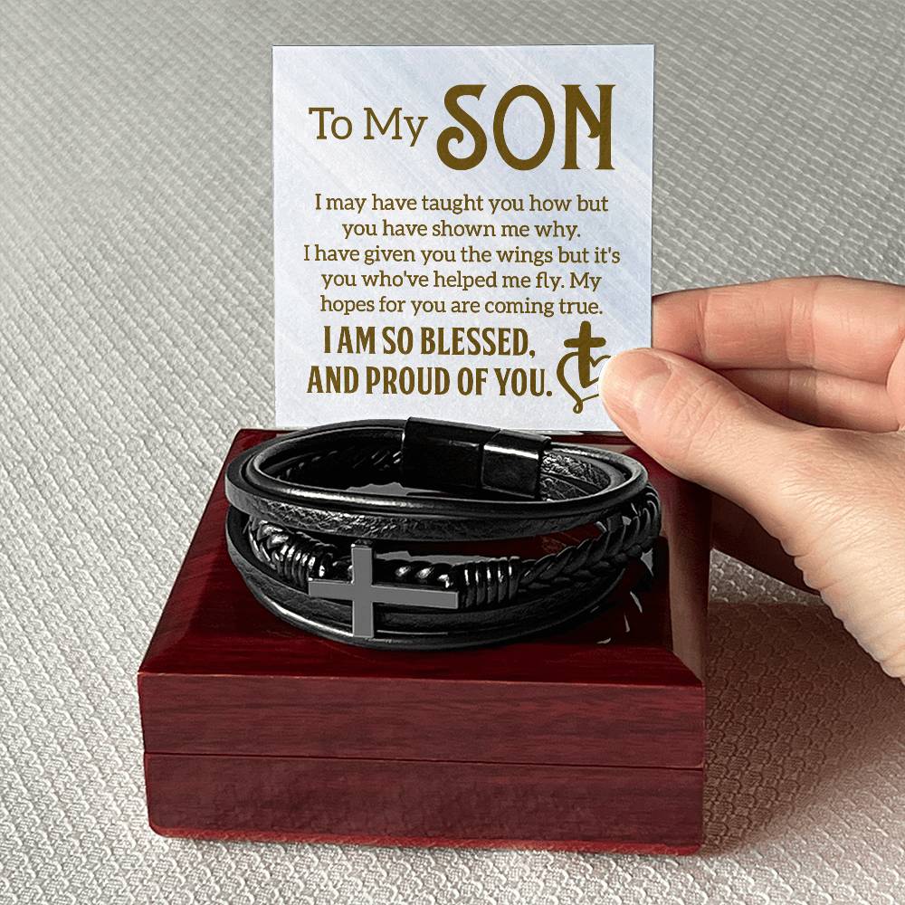 To My Son I Am So Blessed Men's Stainless Steel & Vegan Leather Cross Bracelet - Vegan Leather with Stainless Steel