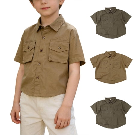 Afuipoi Boys Cotton Utility Pocket Shirt Lapel Neck Top Short Sleeve Safari Style Blouse Breathable Casual Summer Shirt Army Green Size 4 Years