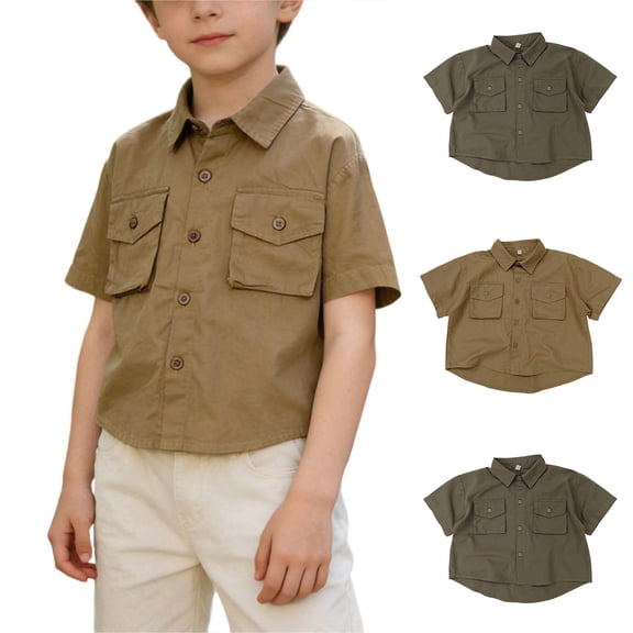 Miluxas Boys Short Sleeve Button Down Shirt Casual Uniform Shirt with 2 Pockets Khaki 2 Years