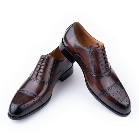 Business Brogue Shoe Men s Cowhide Oxfords New Style Handmade Formal Men s Wedding Party Lace-up Pointed Dress Shoes Brown 9.5