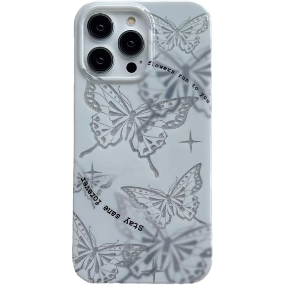 Cute Bling Glitter Silver Butterfly Phone Case Compatible with iPhone Case for Women Girls (White,iPhone 15 Pro Max)