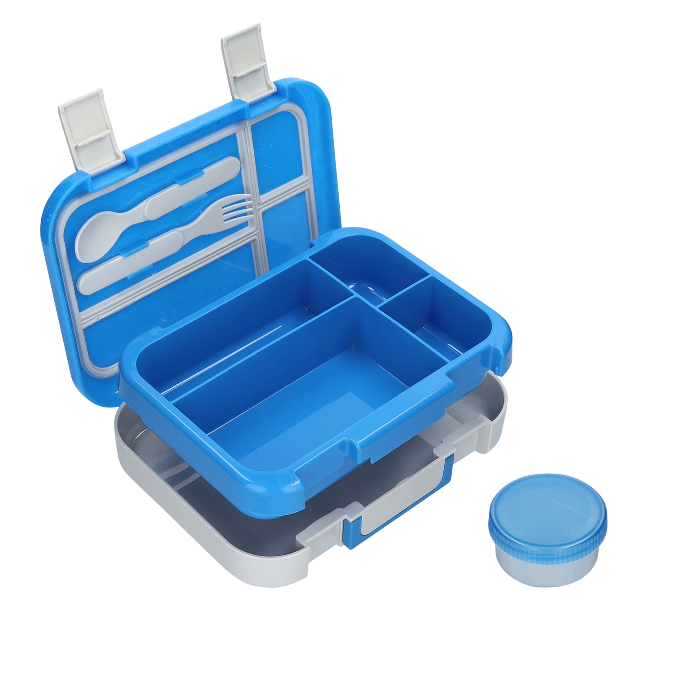 Mainstays Kids 4-Compartment Plastic Bento Box with Removable Tray, Fork, Spoon, and Dressing Container, Blue Splash and Gray