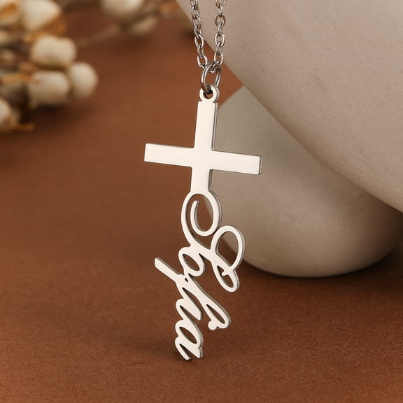 Dainty Cross Stainless Steel Capital Letters Name Pendant Necklace Faith Religion Chain Choker for Women Men Jewelry