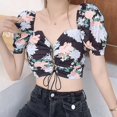 thumbnail image 5 of JANDEL Black Elegant Stylish Women's Fashion Floral Print V Neck Exposed Navel Sexy Sweet Short Sleeve Chiffon Shirt Blouse, 5 of 7