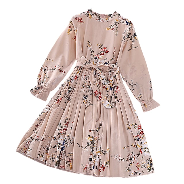 Qudderr Robe Princesse pour Filles de 5 à 12 Ans Robe Imprimée à Col Rond pour Enfants Robe d'Été à Manches Longues pour Filles