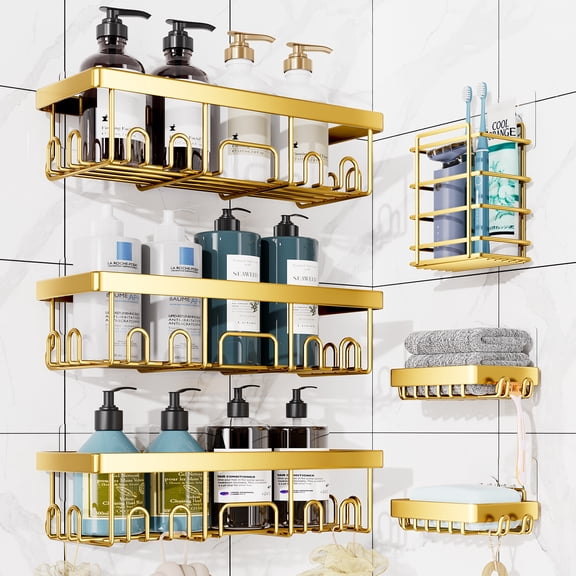 Ophanie Adhesive Shower Caddy 6 Pack, Large Capacity Bathroom Organizers and Storage, No Drilling Wall-Mounted Basket, Gold
