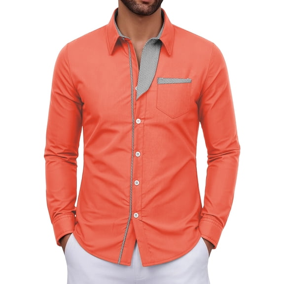 LEKWK Button Down Shirt Men Long Sleeve Color Block Collared Dress Shirts with Chest Pocket Fall Business Casual Office Work Professional Wear