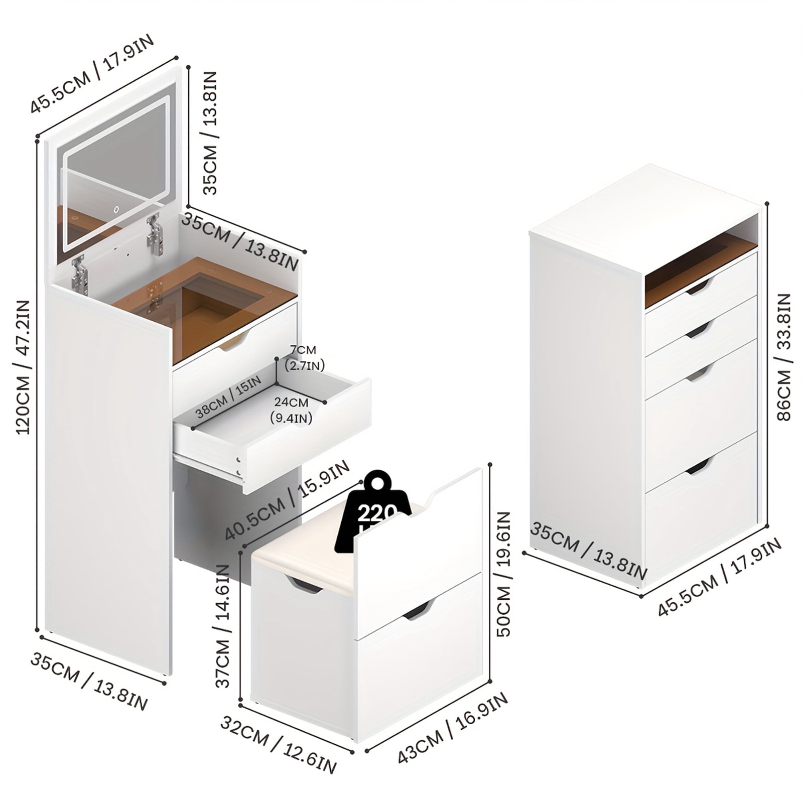 Homy Casa Vanity Table & Bench Set with Flip-Up LED Mirror, Storage Stool, White