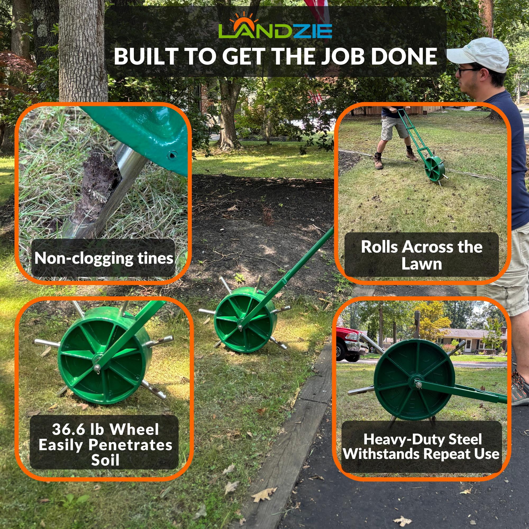 Landzie AeroCore Rolling Lawn Aerator – Manual Core Plug Aerator with Chamfered Hollow Tines – Heavy-Duty Aerator Lawn Tool for Grass and Soil – Push Yard Aerator Aeration Tool for Lawn Plugs