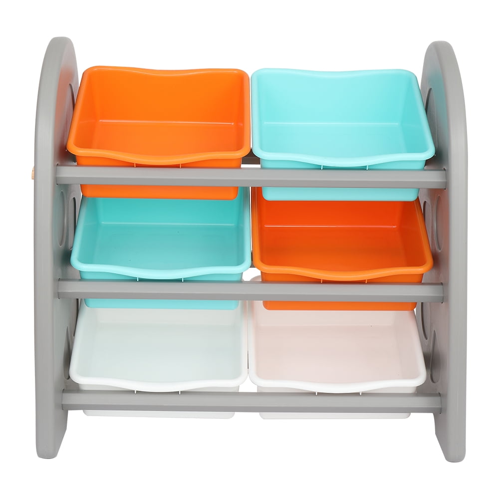 Private Jungle Wooden Kids' Toy Storage Organizer with 6 Plastic Bins，Gray Color