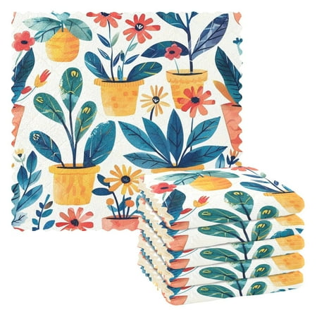 

6 Pieces of Kitchen Towels 11x11Inch Kitchen Dish Cloths Kitchen Dish Towels Reuseable Cleaning Cloths Potted Green Leaf