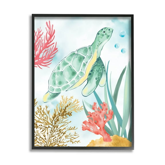Stupell Industries Turtle Coral Reef Bubbles Graphic Art Black Framed Art Print Wall Art, Design by House of Rose