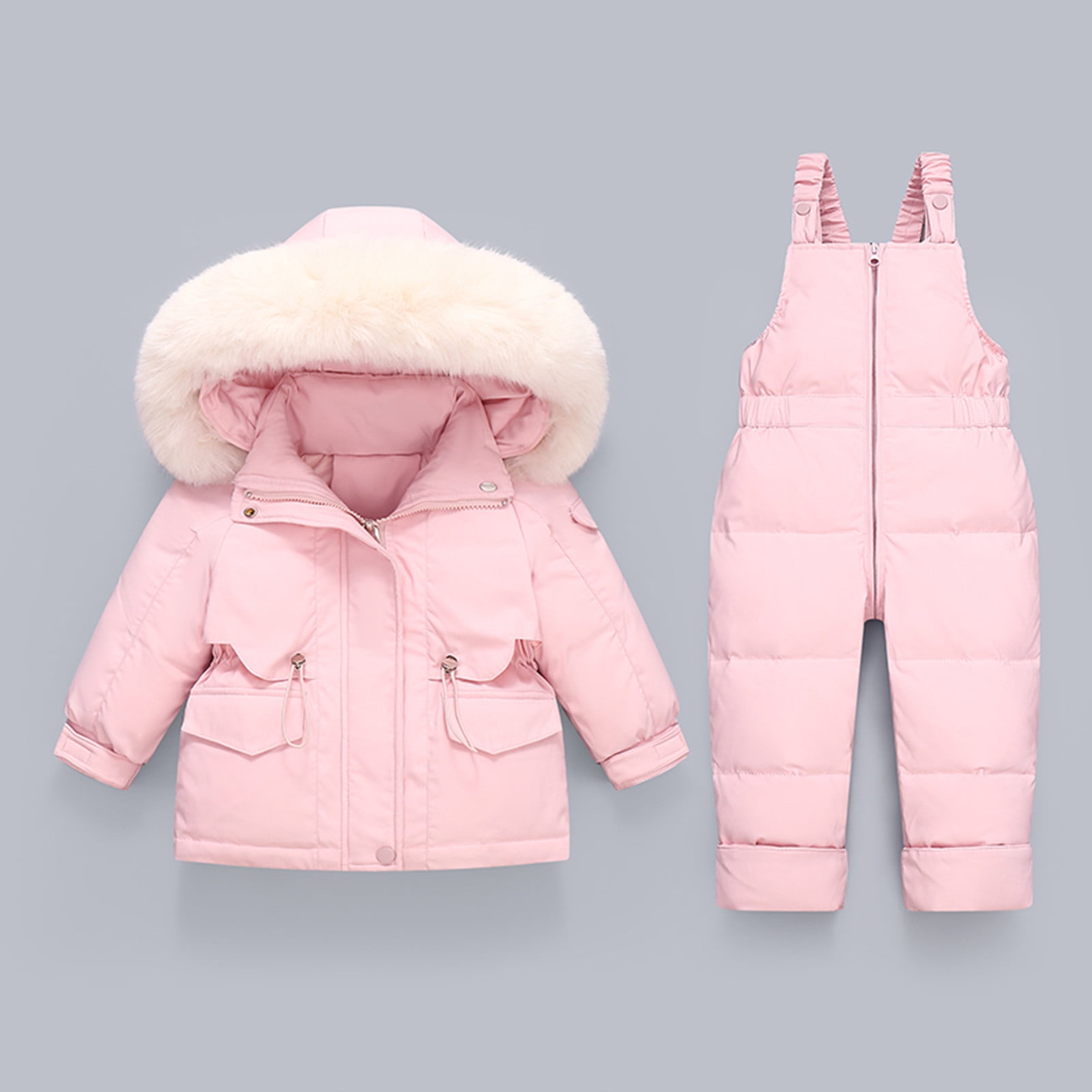 Jinhomg Unisex Baby Winter Snowsuit 2 Piece Toddler Warm Suits 2025 Trendy Windproof Faux Fur Trim Hooded Puffer Coat with Snow Bib Pants Sets Limited Time 90 off Clearance Sale Pink 2 Years
