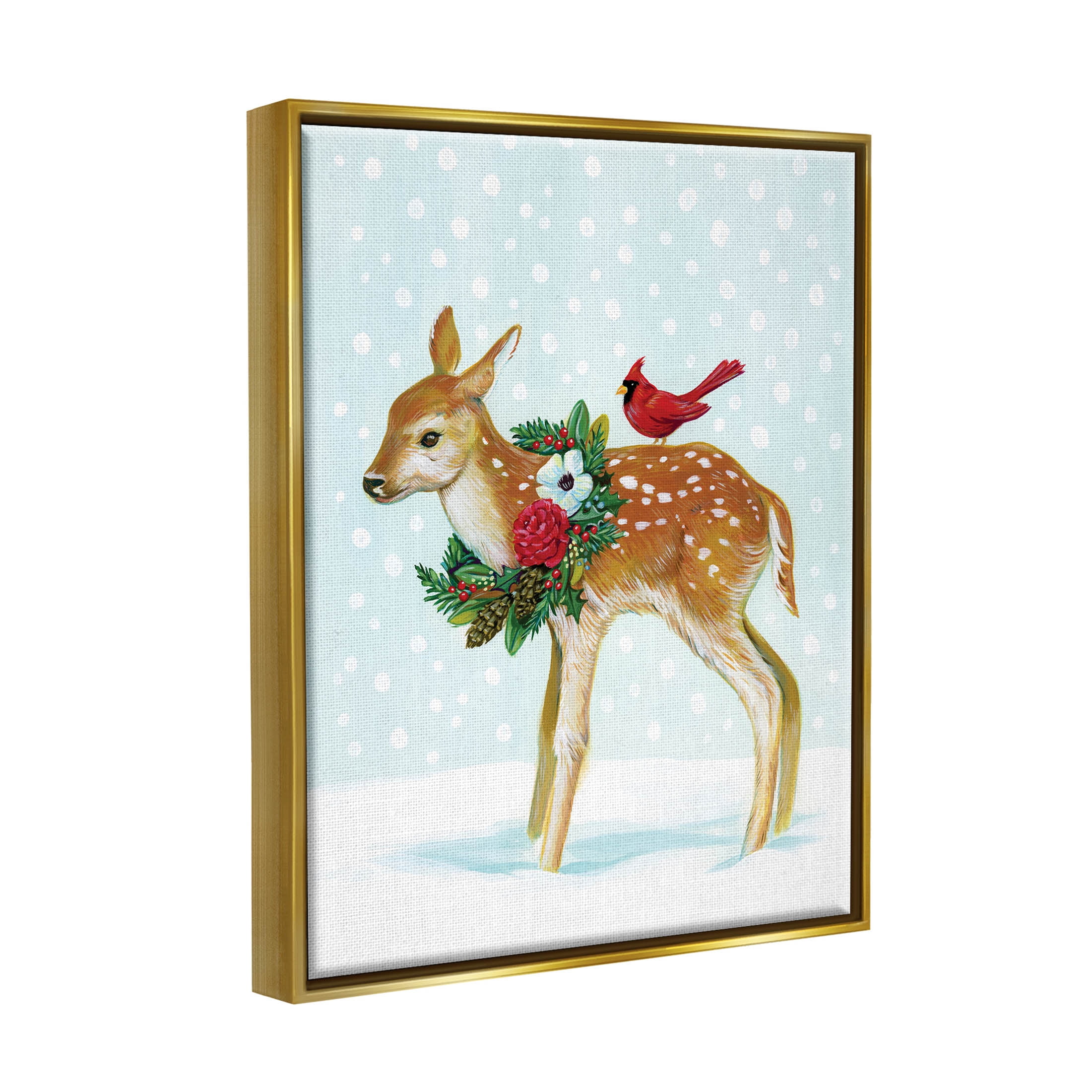 Stupell Industries Snowy Deer Holiday Cardinal Graphic Art Metallic Gold Floating Framed Canvas Print Wall Art, Design by Laura Marr