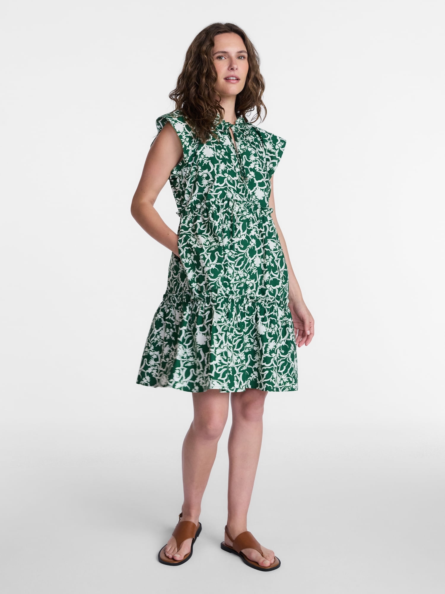 Time and Tru Women's and Women's Plus Tiered Cotton Mini Dress with Flutter Sleeves, Sizes XS-4X