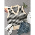 thumbnail image 2 of Women Houndstooth Pattern Knit Sweater Vest Sleeveless Loose V-Neck 90s Waistcoat Pullover Knitwear Top, 2 of 8
