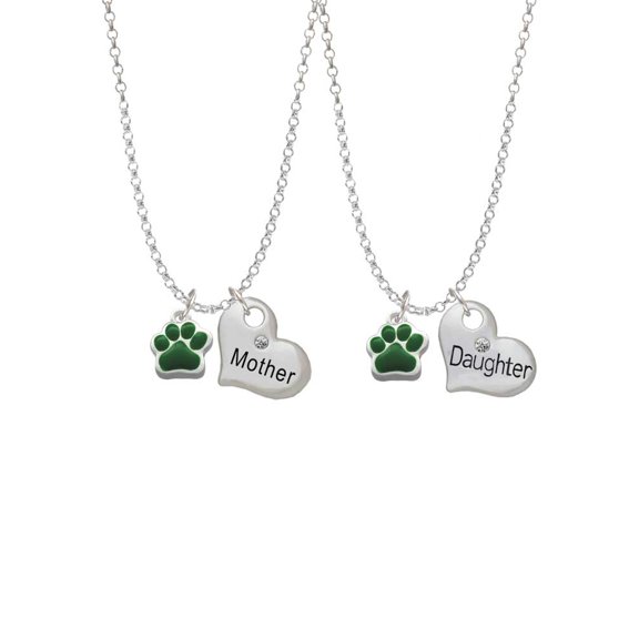 Delight Jewelry Silvertone Small Green Paw Mother & Daughter Heart Necklaces (Set of 2), 19" 2"