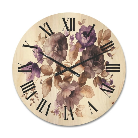 Designart 'Purple Retro Flowers With Brown Leaves On White' Traditional Wood Wall Clock