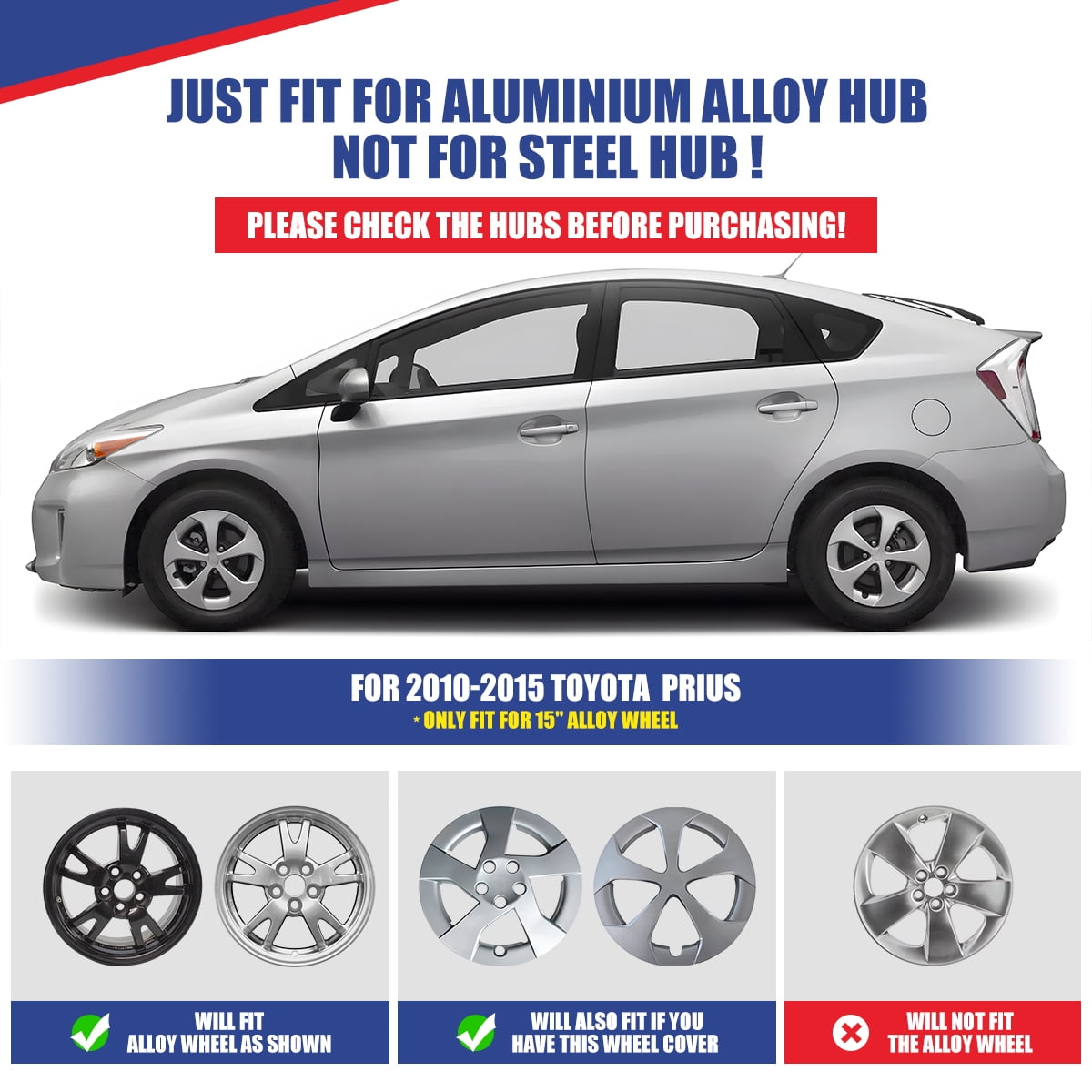 (Set of 4) 15 inch Hubcaps Wheel Rims Cover for 2010-15 Toyota Prius,Black Lacquer