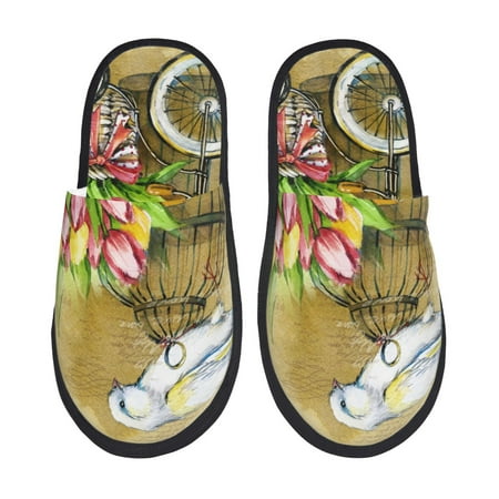 Balery Watercolor Canary Bird Slient Indoor Furry Fleece Comfort House Shoes Soft Non-Slip Home Shoes Cotton slippers House Slippers-- Large