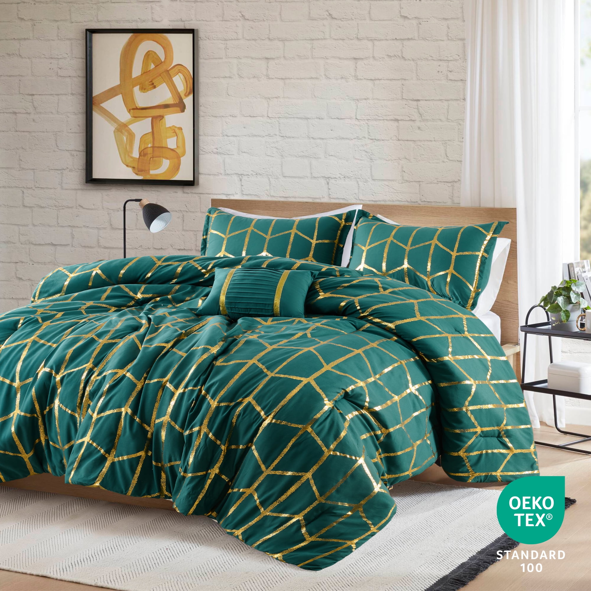 Regency Heights Full/Queen Size Comforter Set, 4-Piece Bedding Set for All Seasons, Geometric Metallic Comforter Bed Set with Decor Pillows,Green/Gold