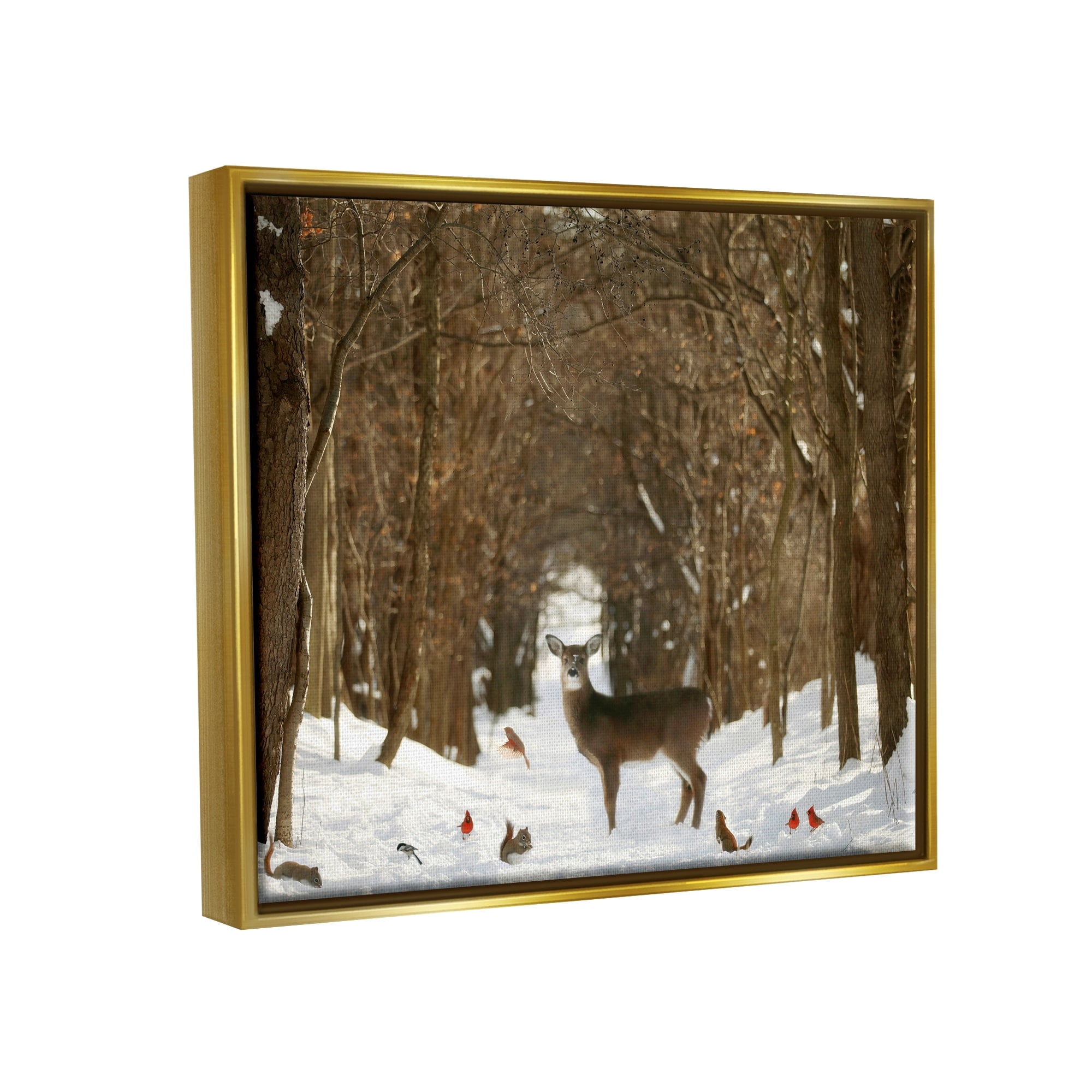 Stupell Industries Wild Forest Animals Gathered Amidst Snowy Trees Photograph Metallic Gold Floating Framed Canvas Print Wall Art, Design by Carrie Ann Grippo-Pike