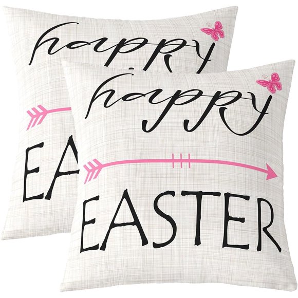 Housses de Coussin Thème Happy Eatser Flèche Rose Papillon Aquarelle Décor Housses de Coussin pour Enfants Filles Adolescents Adultes Style Ferme Rustique Housses de Coussin Simples pour Fête Canapé 18x18 Pouces Lot de 2